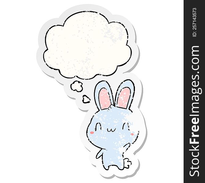 Cartoon Rabbit Waving And Thought Bubble As A Distressed Worn Sticker