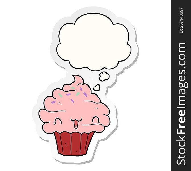 cute cartoon frosted cupcake and thought bubble as a printed sticker