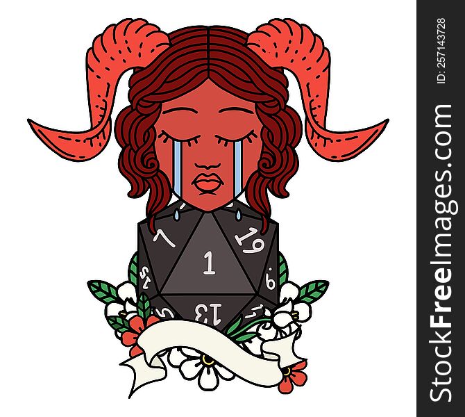 Crying Tiefling With Natural One D20 Roll Illustration