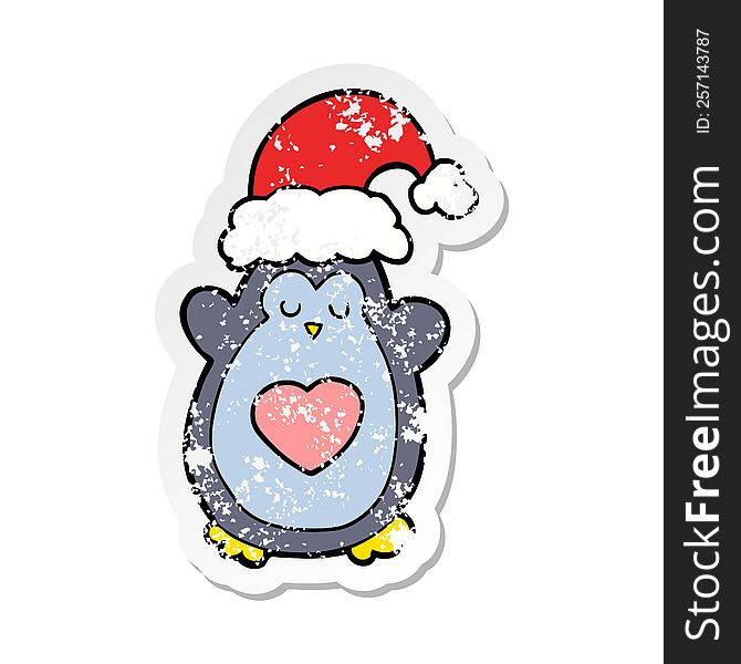 Distressed Sticker Of A Cute Christmas Penguin