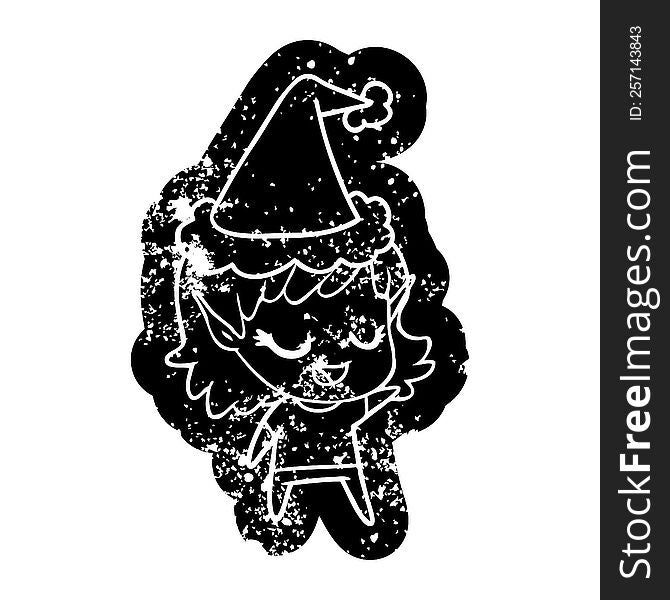 Happy Cartoon Distressed Icon Of A Elf Girl Wearing Santa Hat