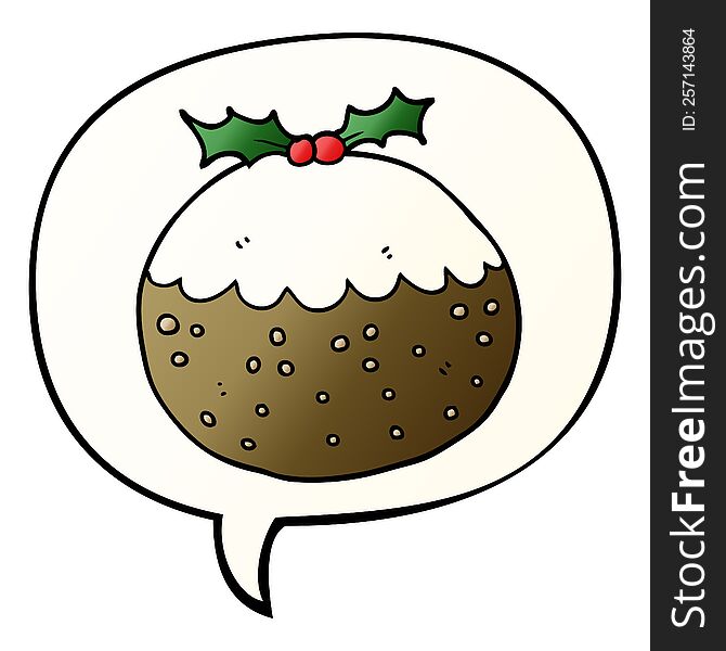 Cartoon Christmas Pudding And Speech Bubble In Smooth Gradient Style