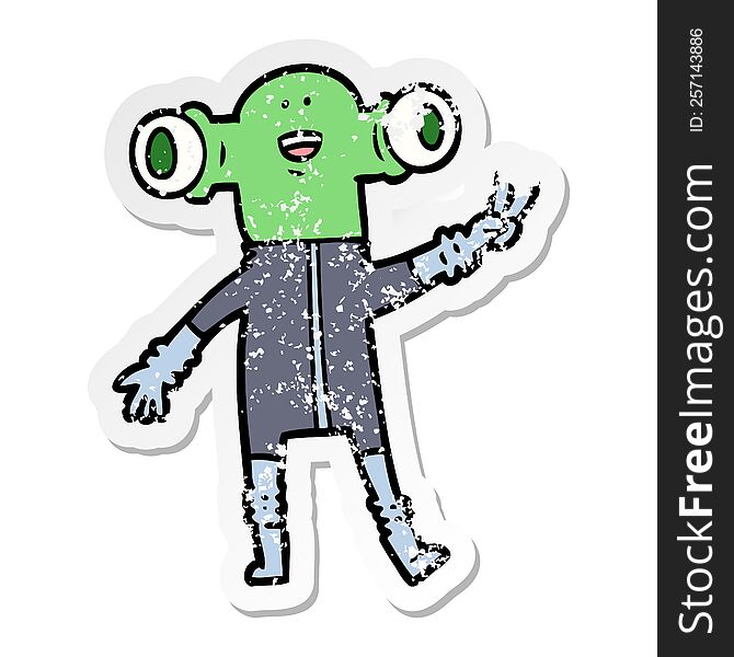 distressed sticker of a friendly cartoon alien giving peace sign