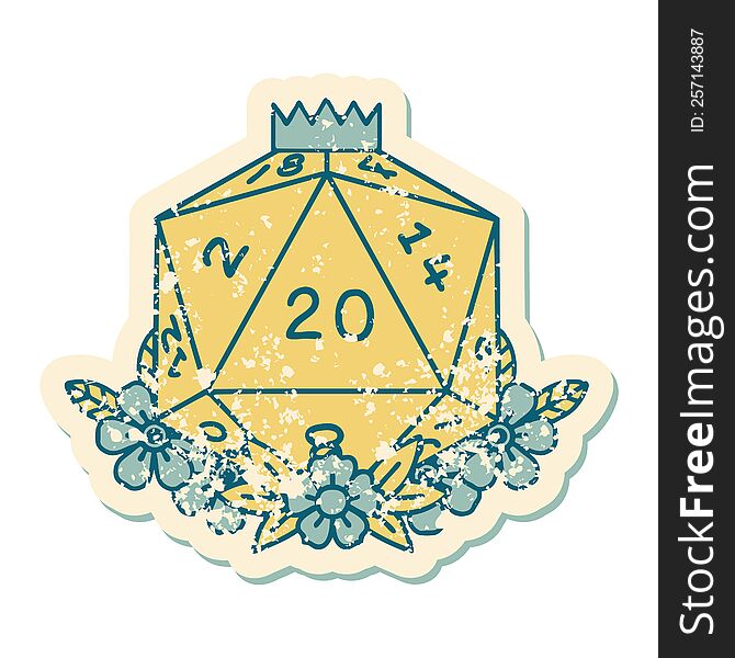 Natural 20 D20 Dice Roll With Floral Elements Grunge Sticker