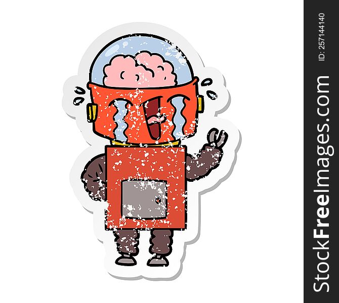 Distressed Sticker Of A Cartoon Crying Robot