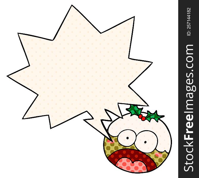 Cartoon Christmas Pudding And Shocked Face And Speech Bubble In Comic Book Style