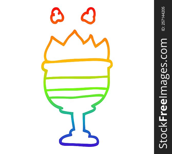 rainbow gradient line drawing of a cartoon flaming golden cup