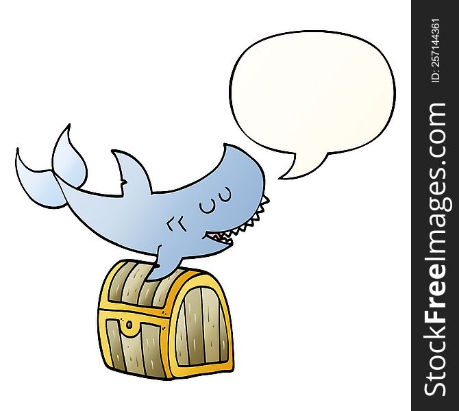 cartoon shark swimming over treasure chest with speech bubble in smooth gradient style