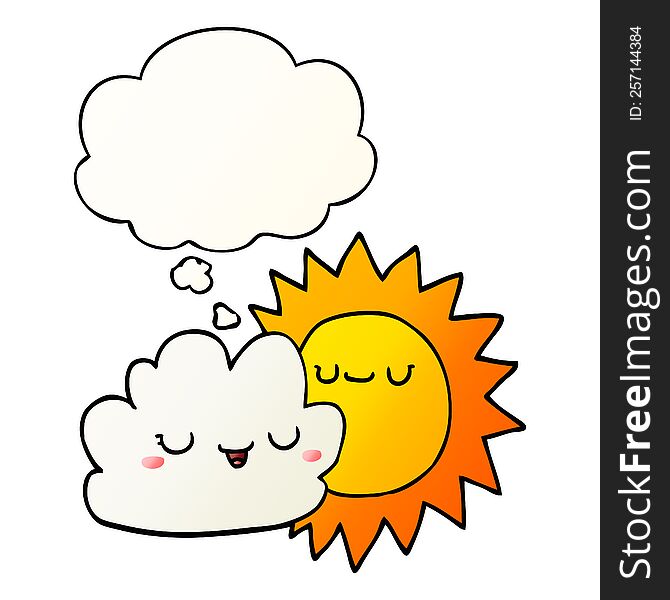 cartoon sun and cloud with thought bubble in smooth gradient style