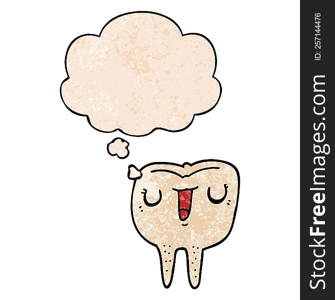 Cartoon Happy Tooth And Thought Bubble In Grunge Texture Pattern Style
