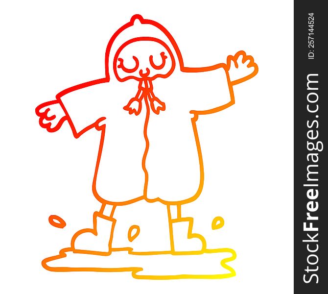 Warm Gradient Line Drawing Cartoon Person Splashing In Puddle Wearing Rain Coat