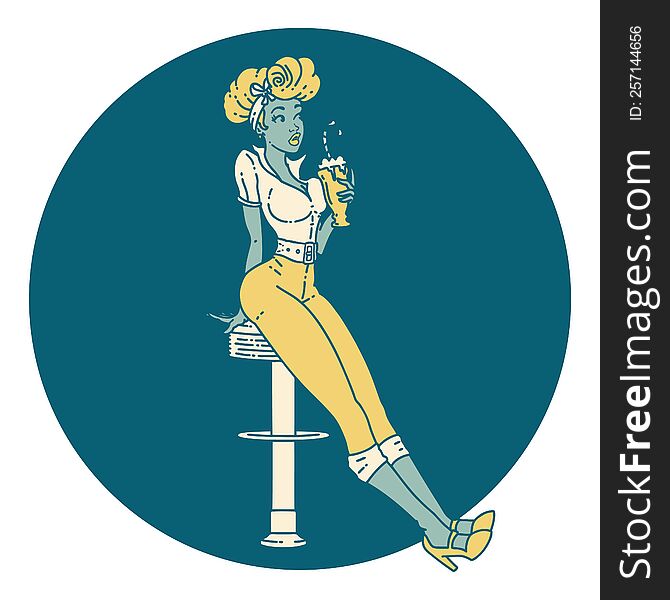 tattoo in traditional style of a pinup girl drinking a milkshake. tattoo in traditional style of a pinup girl drinking a milkshake