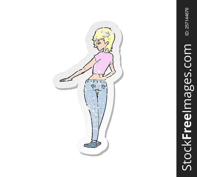 retro distressed sticker of a cartoon pretty girl in jeans and tee