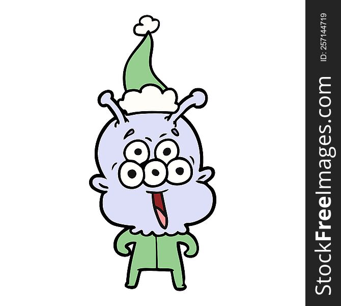 Happy Line Drawing Of A Alien Wearing Santa Hat