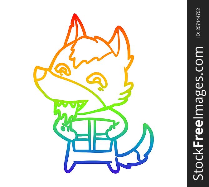 rainbow gradient line drawing of a cartoon hungry wolf holding christmas present