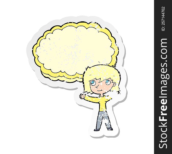 retro distressed sticker of a cartoon woman with text cloud space