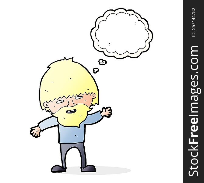Cartoon Happy Bearded Man Waving With Thought Bubble