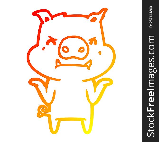 Warm Gradient Line Drawing Angry Cartoon Pig Shrugging Shoulders