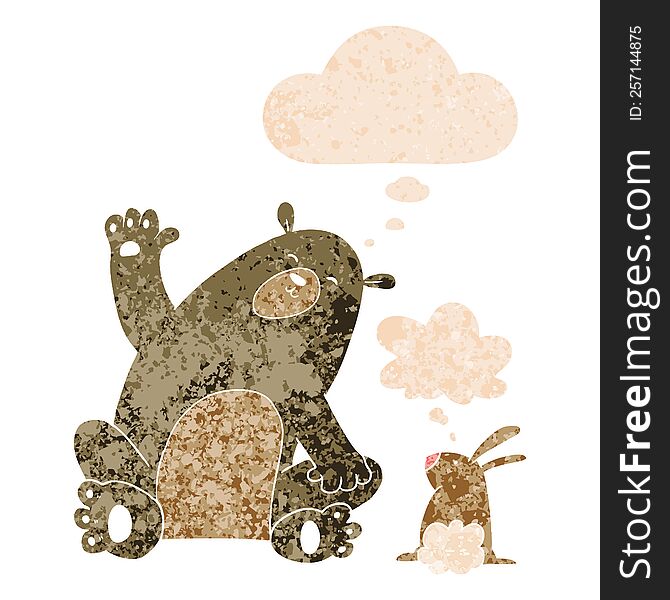 Cartoon Bear And Rabbit Friends And Thought Bubble In Retro Textured Style