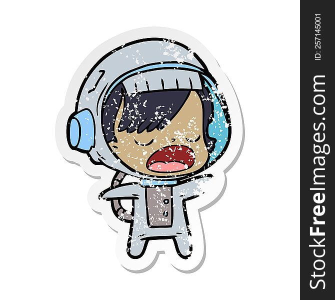 Distressed Sticker Of A Cartoon Talking Astronaut Woman