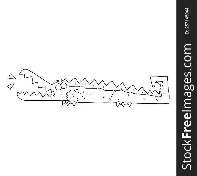 freehand drawn black and white cartoon crocodile