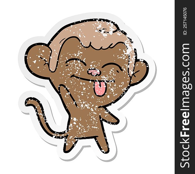Distressed Sticker Of A Funny Cartoon Monkey Waving
