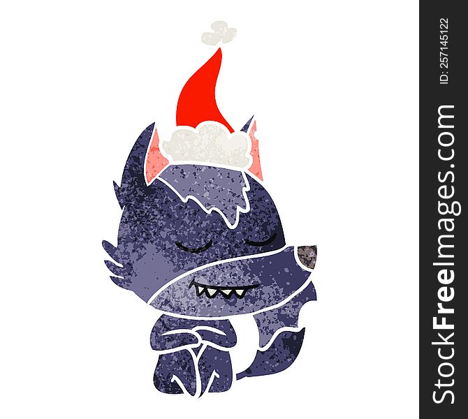 Friendly Retro Cartoon Of A Wolf Sitting Wearing Santa Hat