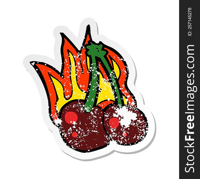 retro distressed sticker of a cartoon flaming cherries