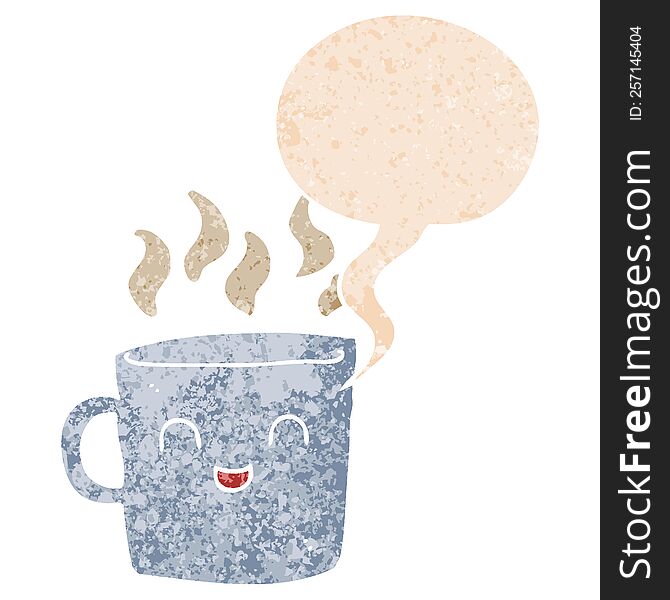 cute coffee cup cartoon with speech bubble in grunge distressed retro textured style. cute coffee cup cartoon with speech bubble in grunge distressed retro textured style