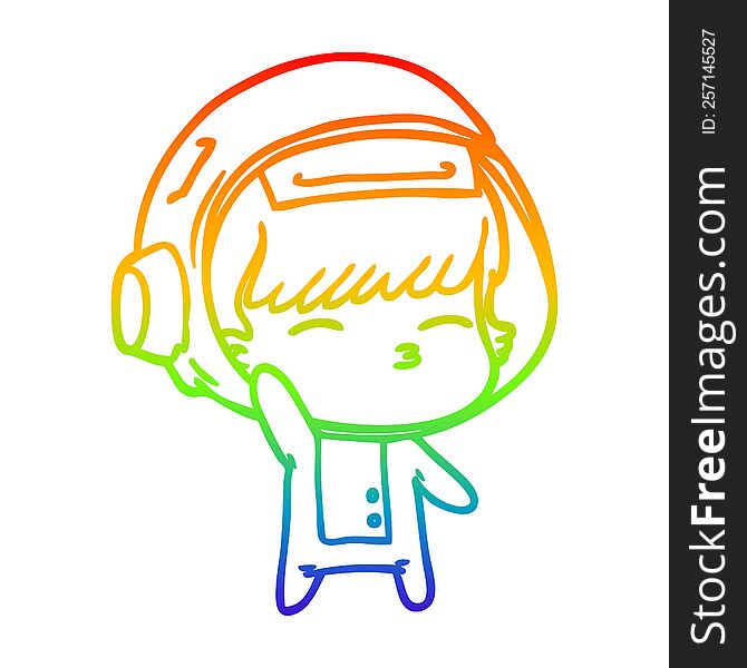 rainbow gradient line drawing of a cartoon curious astronaut waving