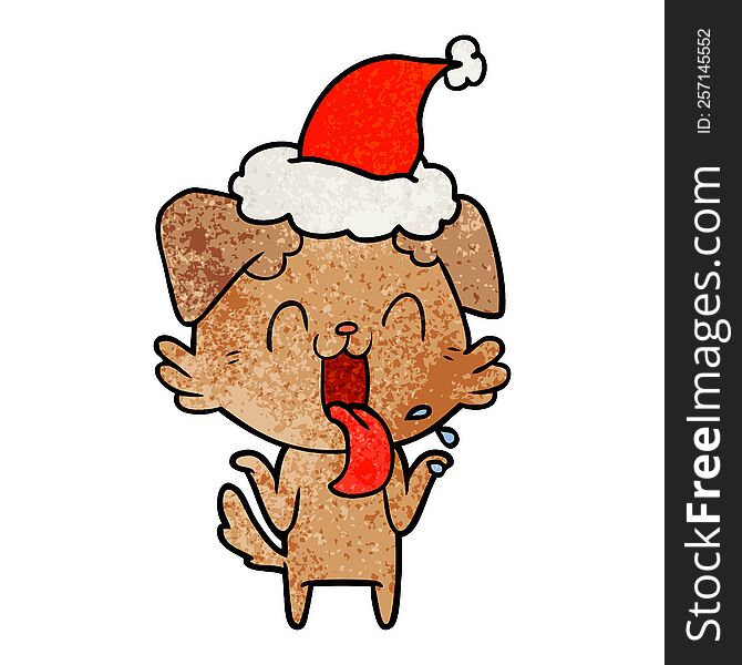 hand drawn textured cartoon of a panting dog shrugging shoulders wearing santa hat