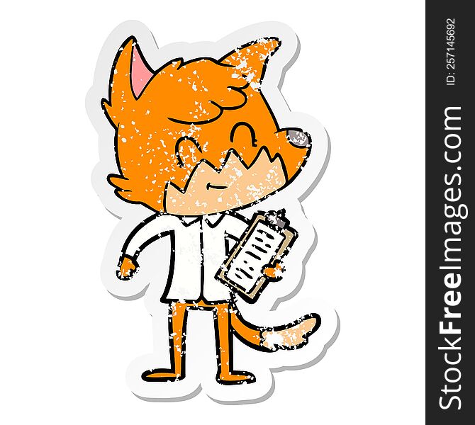 distressed sticker of a cartoon happy fox salesman