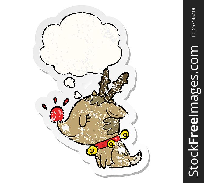 Cartoon Christmas Reindeer And Thought Bubble As A Distressed Worn Sticker