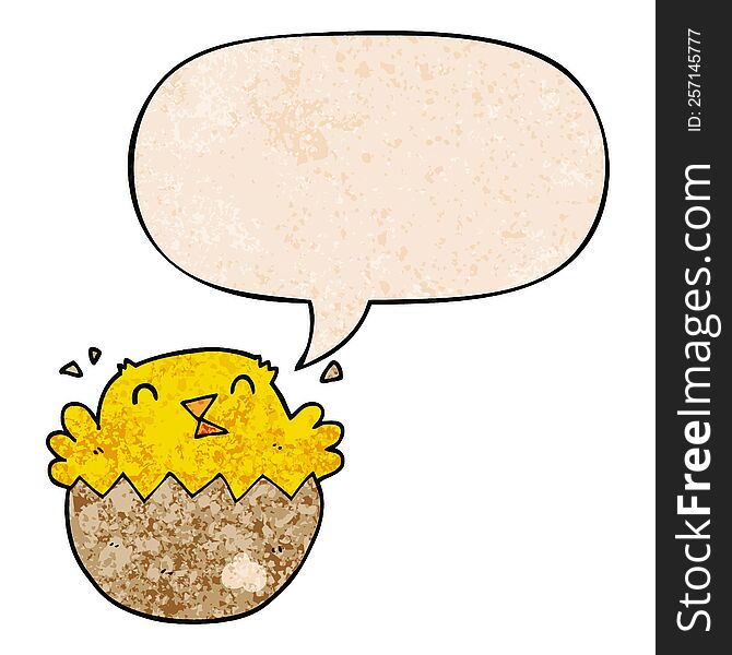 cartoon hatching chick with speech bubble in retro texture style