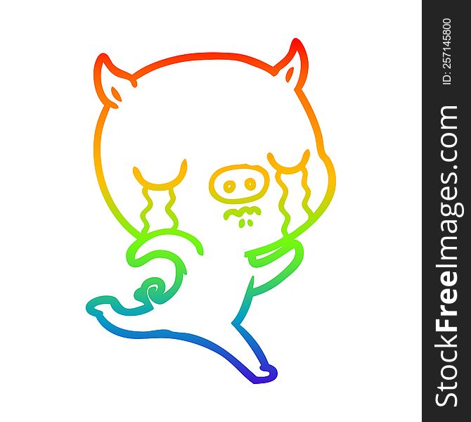 rainbow gradient line drawing of a cartoon running pig crying