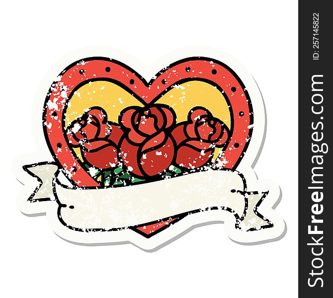 Traditional Distressed Sticker Tattoo Of A Heart And Banner With Flowers
