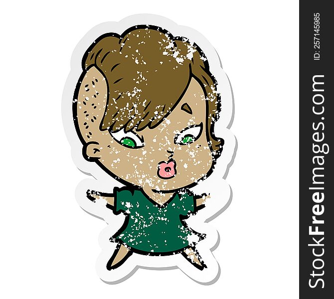 Distressed Sticker Of A Cartoon Surprised Girl