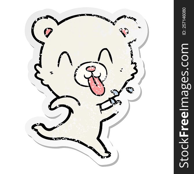 distressed sticker of a rude cartoon polar bear sticking out tongue