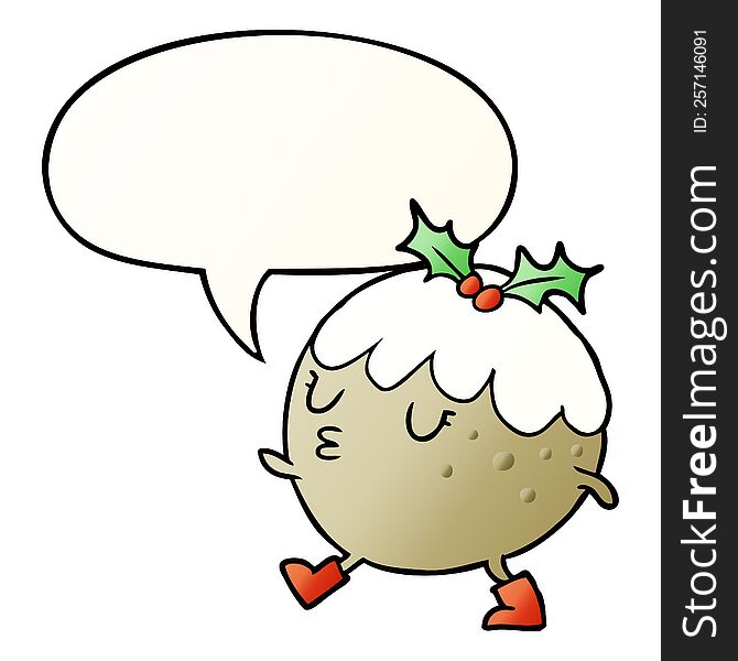 cartoon christmas pudding walking with speech bubble in smooth gradient style