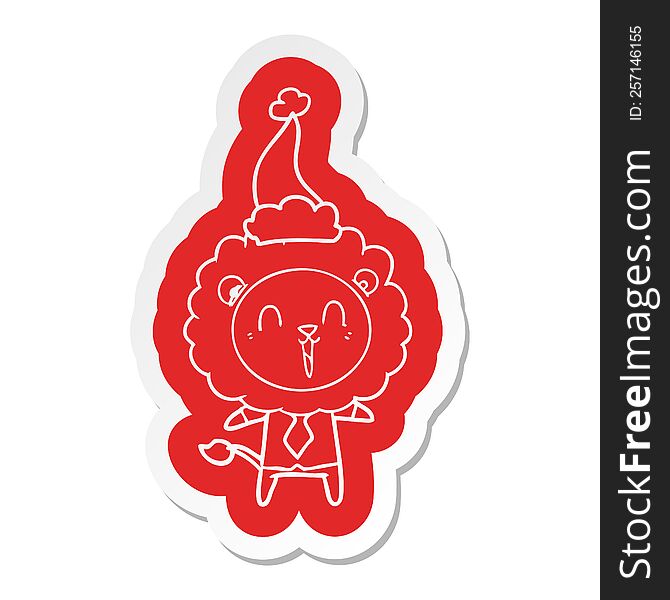 Laughing Lion Cartoon  Sticker Of A Wearing Santa Hat