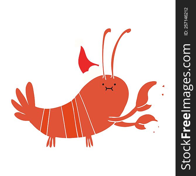 hand drawn flat color illustration of a lobster wearing santa hat