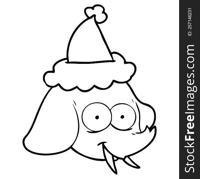 hand drawn line drawing of a elephant face wearing santa hat