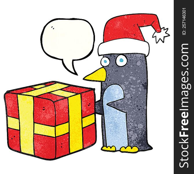 freehand speech bubble textured cartoon christmas penguin with present
