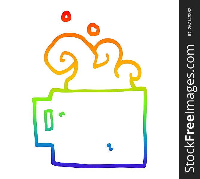 rainbow gradient line drawing of a cartoon hot cup of coffee
