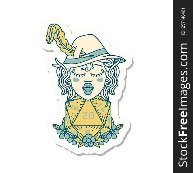 sticker of a elf bard character with natural twenty dice roll. sticker of a elf bard character with natural twenty dice roll