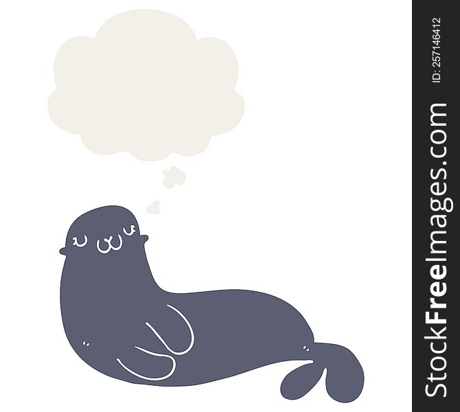 cute cartoon seal with thought bubble in retro style