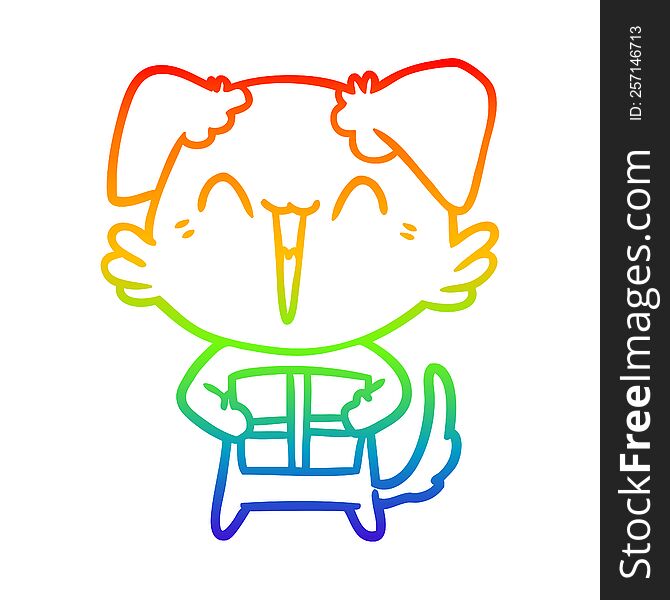 Rainbow Gradient Line Drawing Happy Little Cartoon Dog With Present