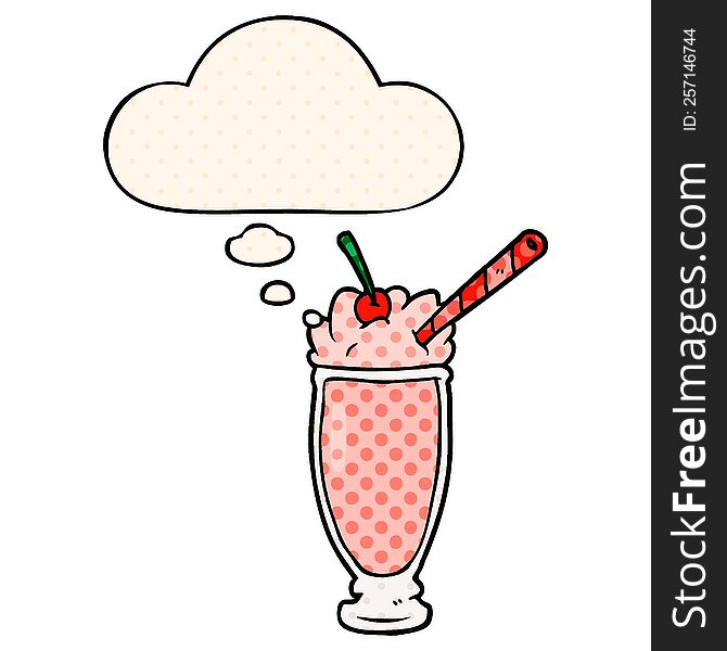 cartoon milkshake with thought bubble in comic book style