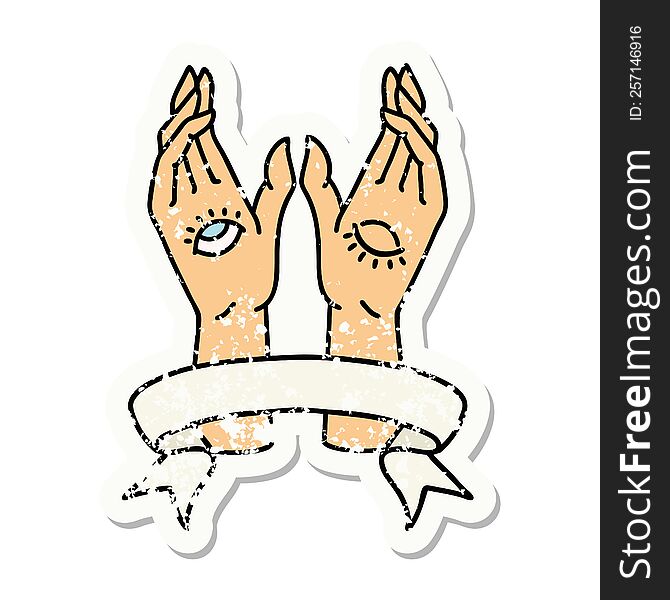 Grunge Sticker With Banner Of Mystic Hands