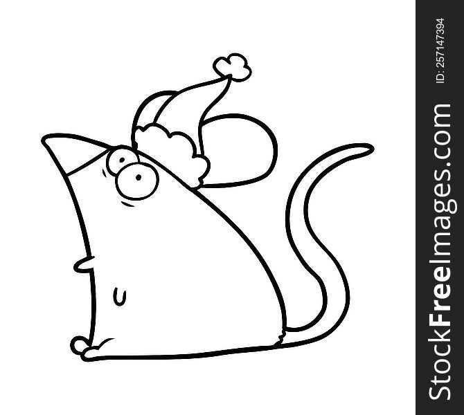 hand drawn line drawing of a frightened mouse wearing santa hat